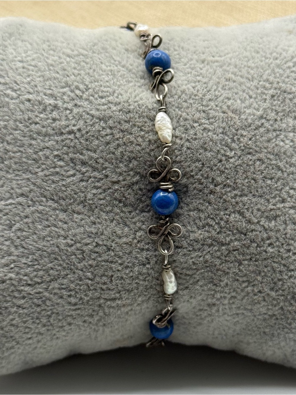 Handcrafted sterling silver lapis lazuli Bead and White Pearl Bracelet